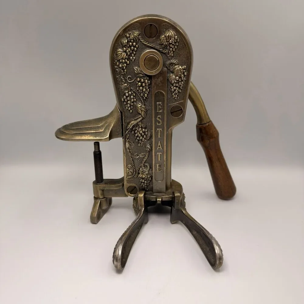 Vintage Estate Brass Clamp-On Wine Bottle Corker Tabletop Grapevine Opener